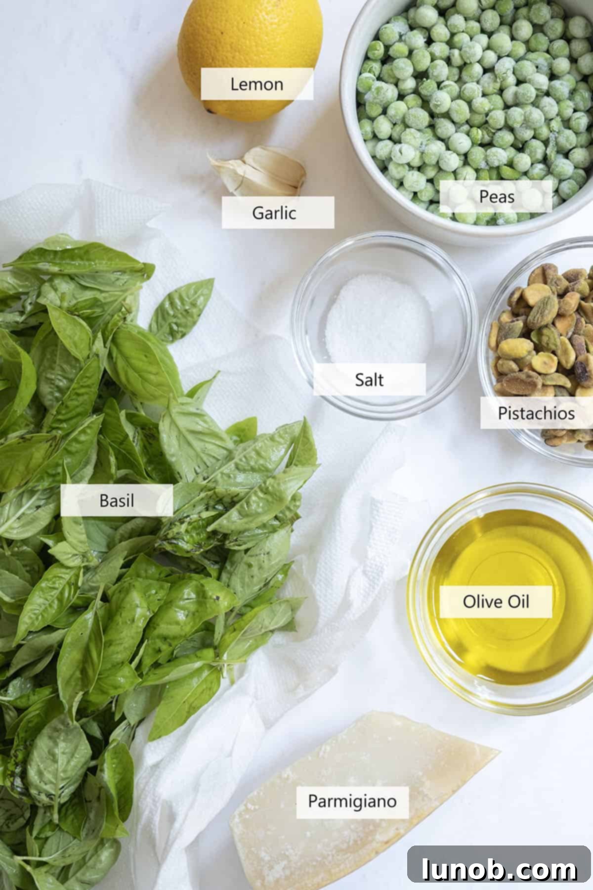 Sweet Pea and Basil Pesto 3 Ingredients for pea pesto.