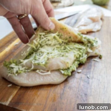 Irresistible Pesto Stuffed Chicken 7 Butterflied chicken breast generously stuffed with pesto and mozzarella cheese.