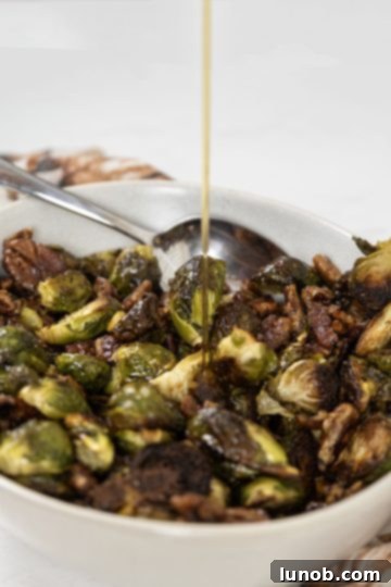 Honey Glazed Prosciutto Asparagus 9 Warm, roasted Brussels sprouts being drizzled with rich maple syrup and tossed with crispy bacon and candied pecans.