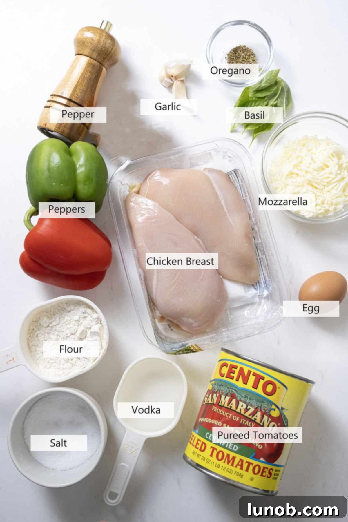 Ultimate Chicken Pizzaiola 3 All fresh ingredients neatly arranged for making Chicken Pizzaiola, showcasing vibrant bell peppers, whole garlic cloves, basil, and fresh chicken breasts.