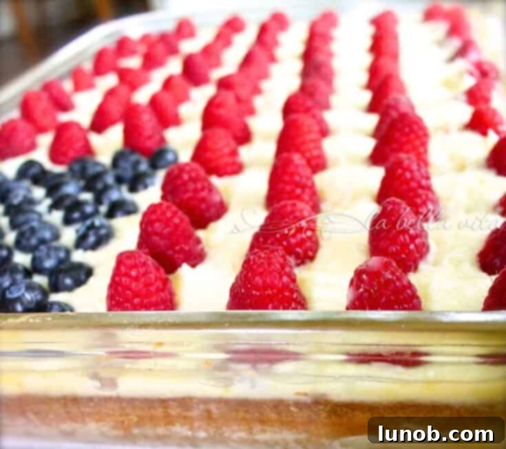 Stars and Stripes Flag Cake on a serving platter