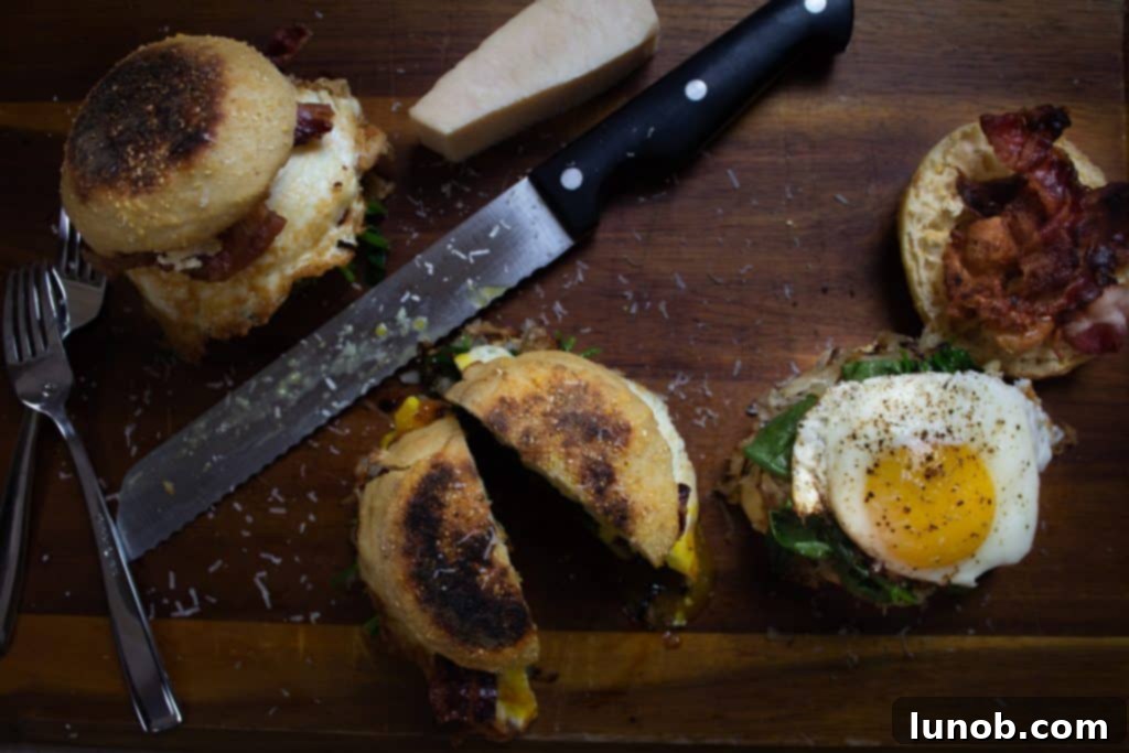 Italian Breakfast sandwiches cut open on cutting board