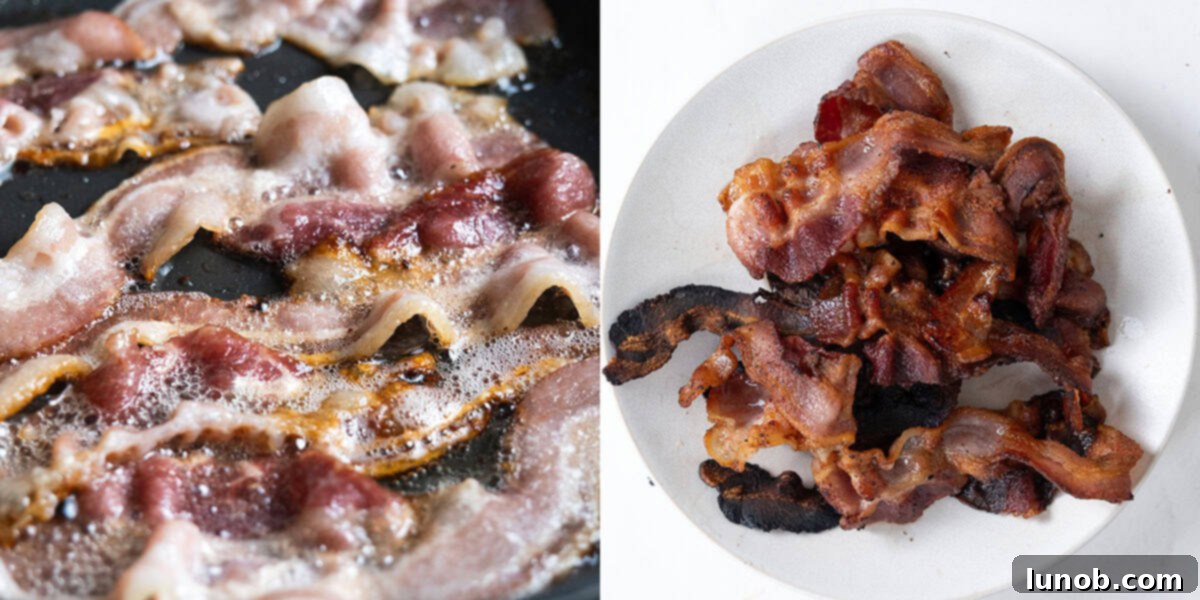 Frying bacon in a pan.