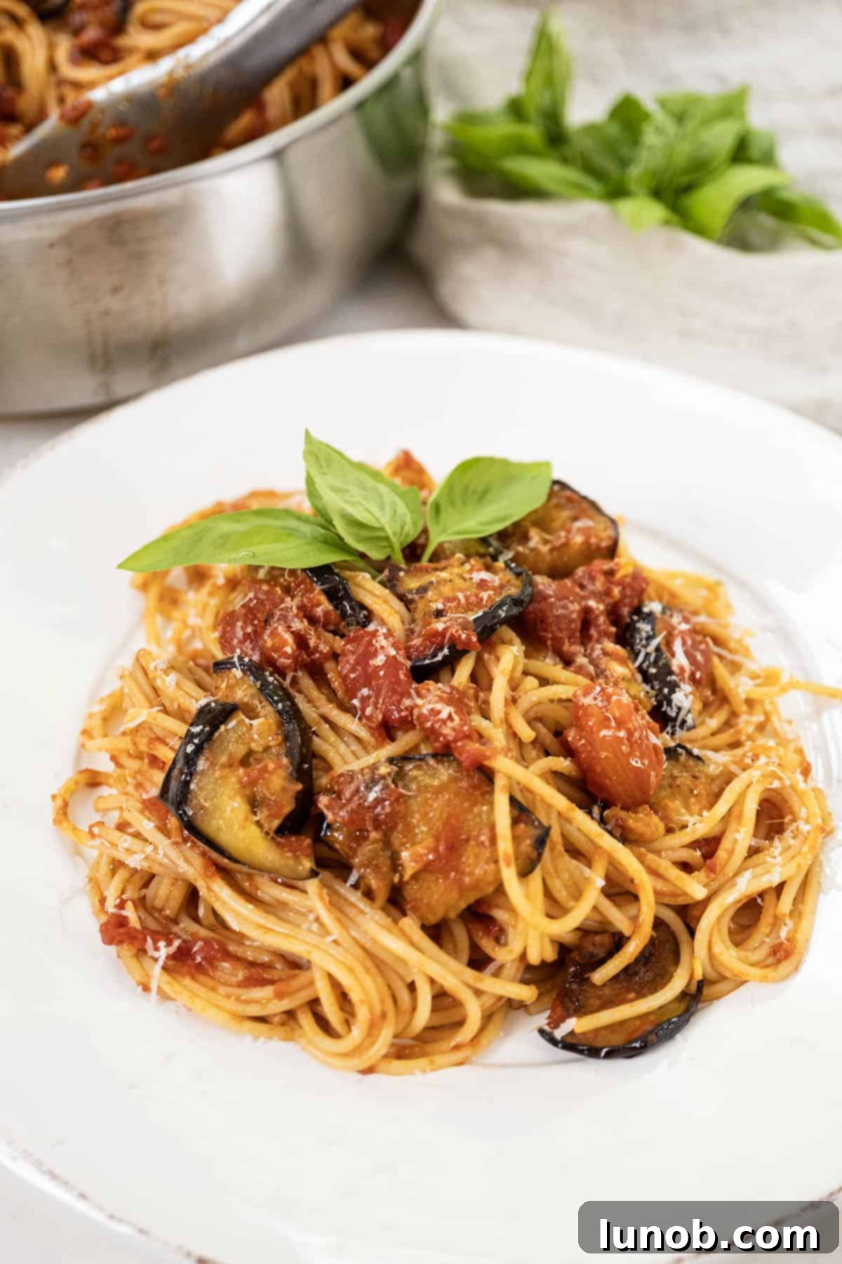 Pasta alla norma plated on a dish and garnished with fresh basil leaves, showcasing its rich red sauce and golden fried eggplant.