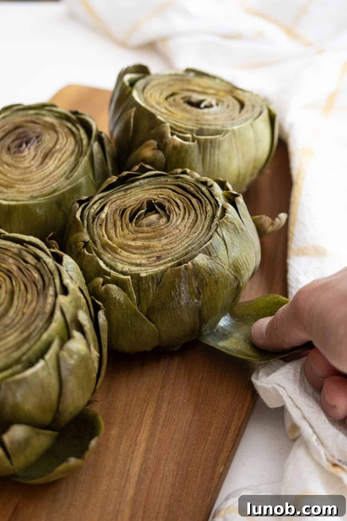Tender Steamed Artichokes Made Simple 2 Steamed Artichokes on a serving plate with dipping sauce.
