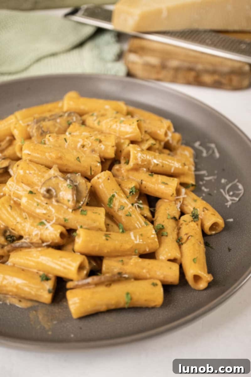 Velvety Garlic Mushroom Pasta 2 Creamy mushroom pasta on a plate garnished with parmesan.