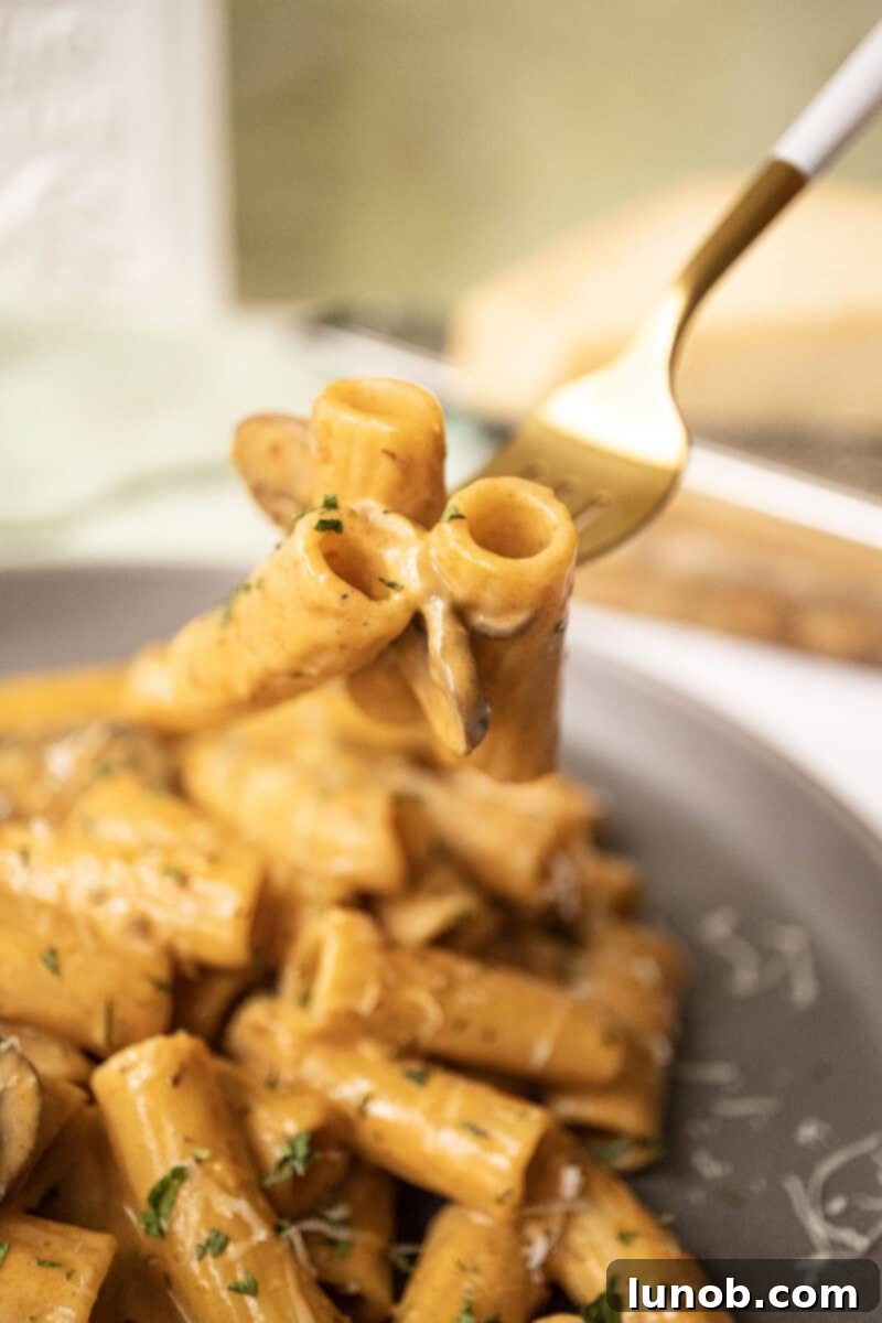 Velvety Garlic Mushroom Pasta 11 Creamy mushroom pasta on a fork.