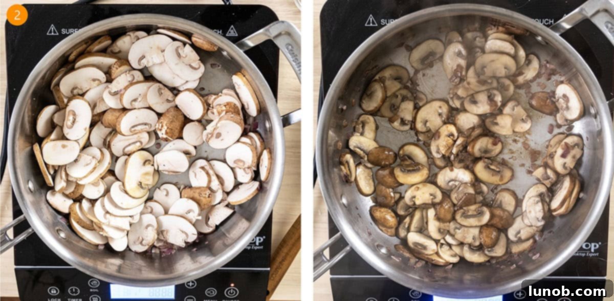 Velvety Garlic Mushroom Pasta 5 Sauteing mushrooms to a brown color.