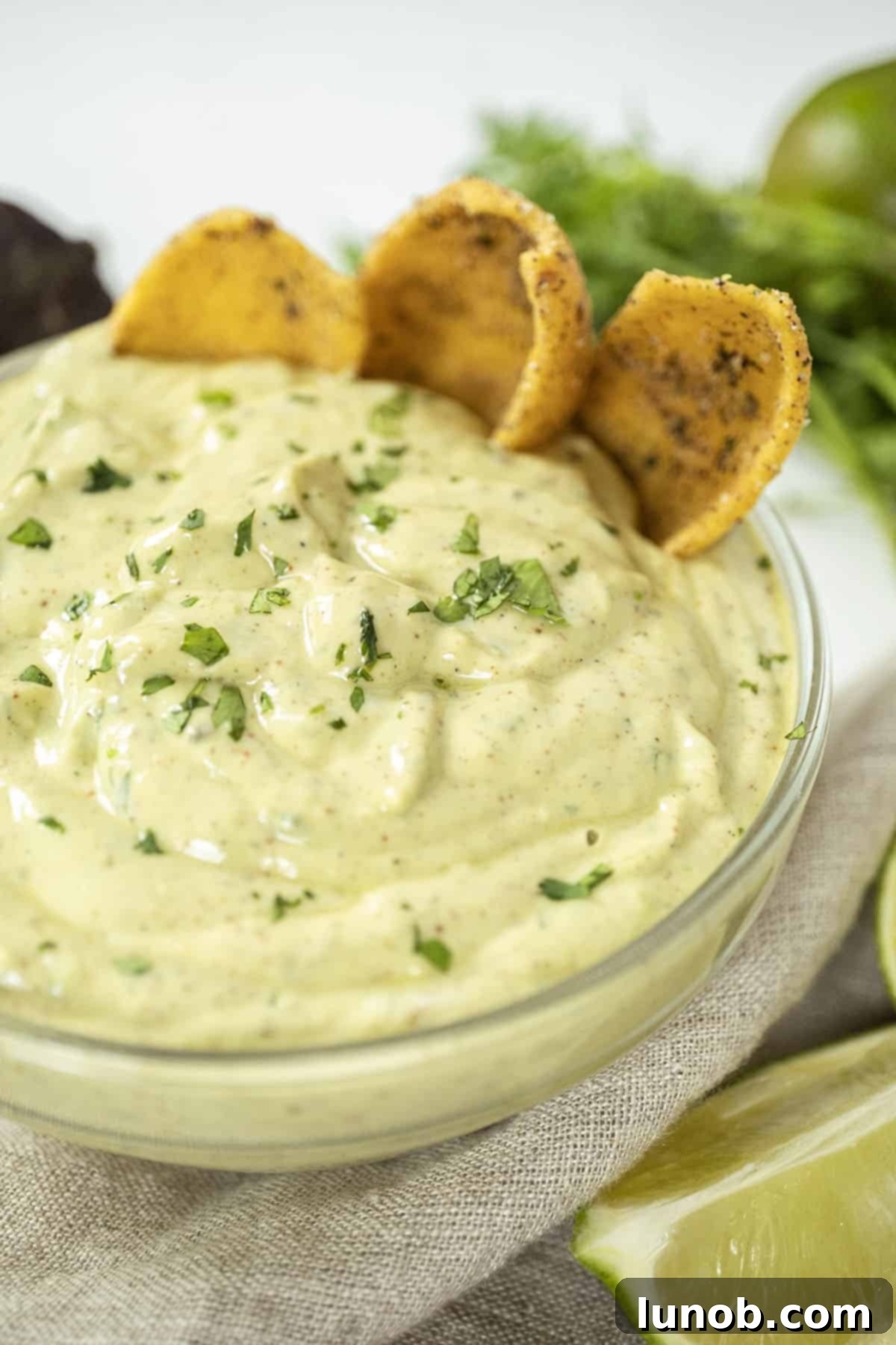 Fresh Avocado Lime Crema 2 avocado lime crema in a glass bowl with limes and cilantro on side and chips in the crema.