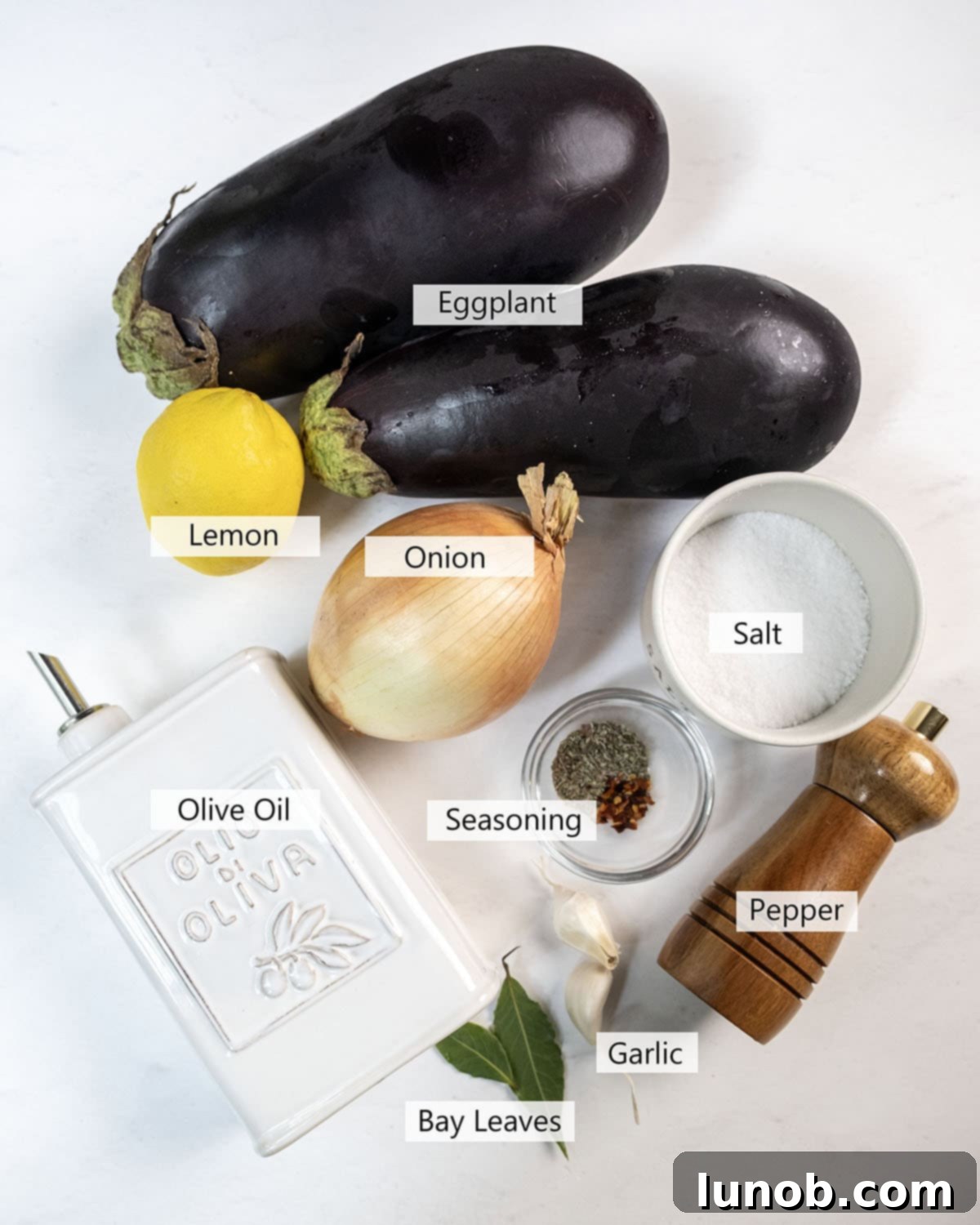 Tangy Marinated Eggplant and Onion 3 Fresh ingredients laid out for making marinated eggplant and onion, including whole eggplants, onions, garlic, lemon, olive oil, and various spices.