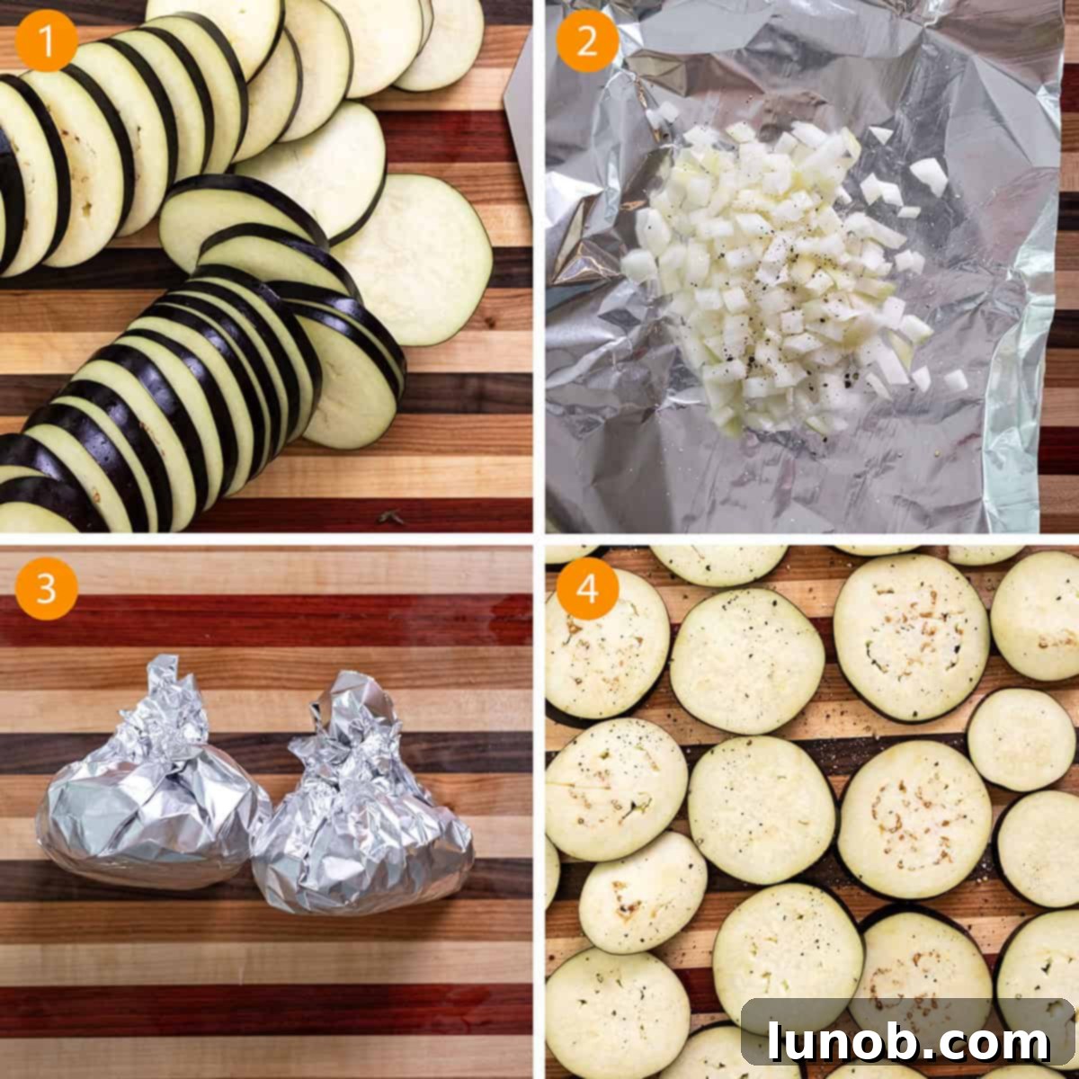 Tangy Marinated Eggplant and Onion 4 Sliced eggplant and chopped onions prepped and ready for grilling.