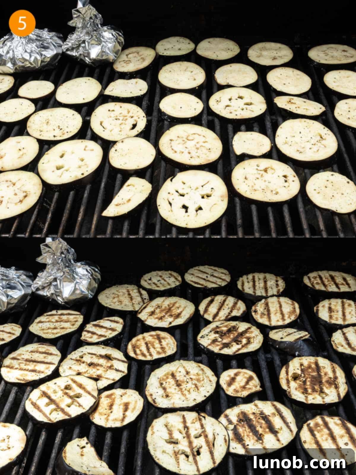 Tangy Marinated Eggplant and Onion 5 Eggplant slices cooking on a hot grill, showing developing grill marks.