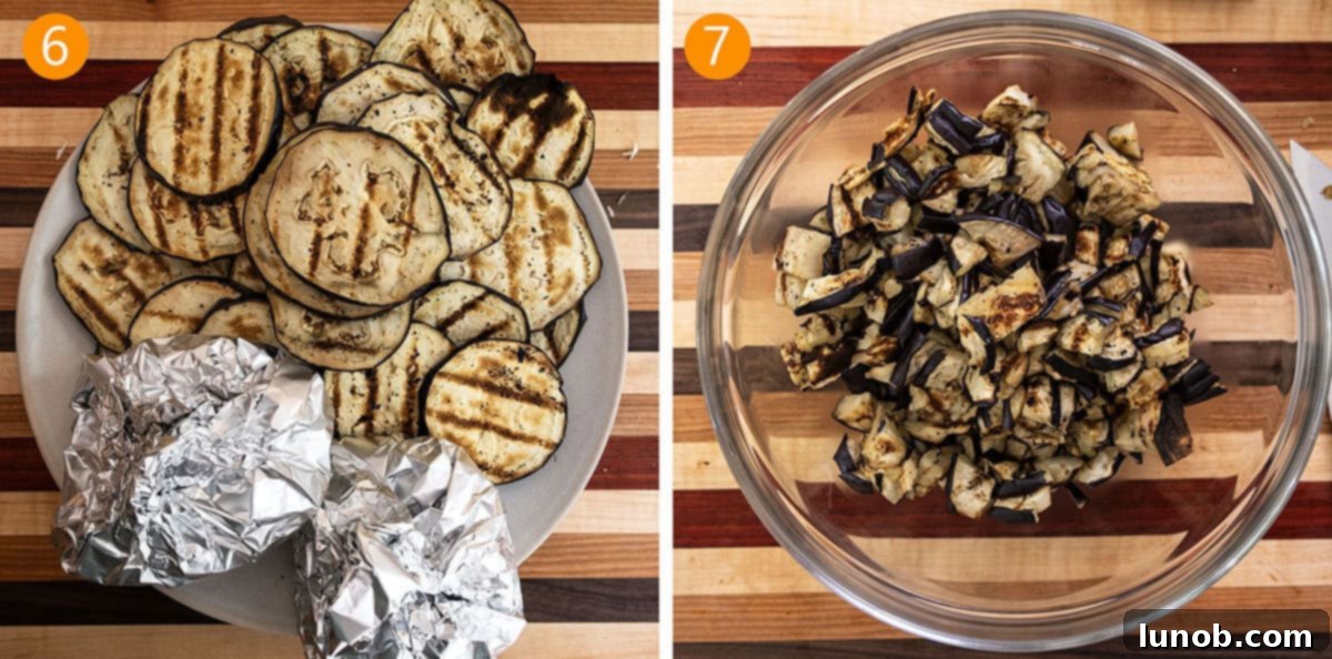 Tangy Marinated Eggplant and Onion 6 Grilled eggplant chopped into smaller, bite-sized pieces in a bowl, ready for marinating.