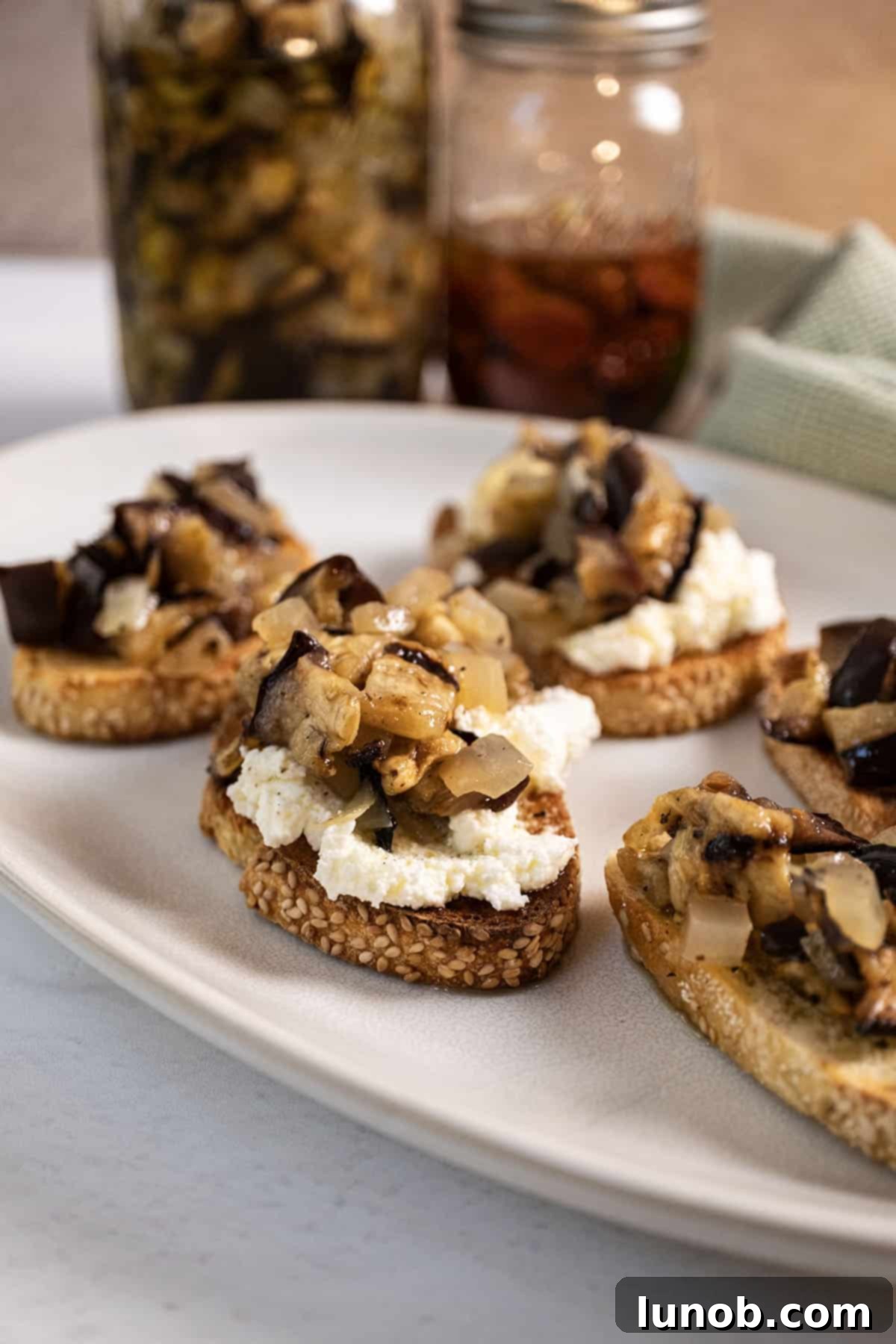 Tangy Marinated Eggplant and Onion 9 Close-up of marinated eggplant and onion served on toast with a dollop of ricotta cheese, garnished with fresh basil.