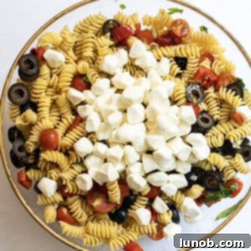 mozzarella balls on top of the pasta salad.
