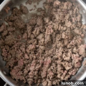 Thoroughly browned ground lamb in a saucepan with rendered juices, ready to be removed.