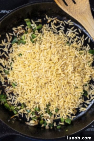 orzo being stirred into the sautéed vegetables in the cast iron pan