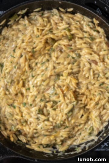 cheddar cheese and heavy cream being stirred into the creamy orzo