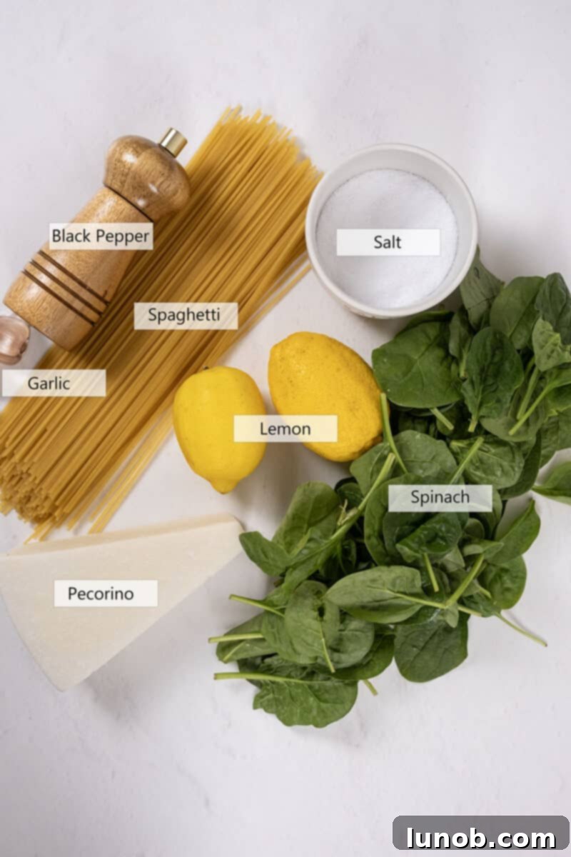 A flat lay photograph showcasing all the fresh ingredients needed for lemon spinach pasta, including lemons, Pecorino Romano, fresh spinach, garlic, and spaghetti, neatly arranged on a rustic surface.