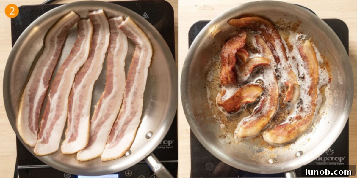 Bacon Blue Cheese Burger 5 Thick-cut bacon strips sizzling and frying in a hot pan, rendering fat and crisping up.