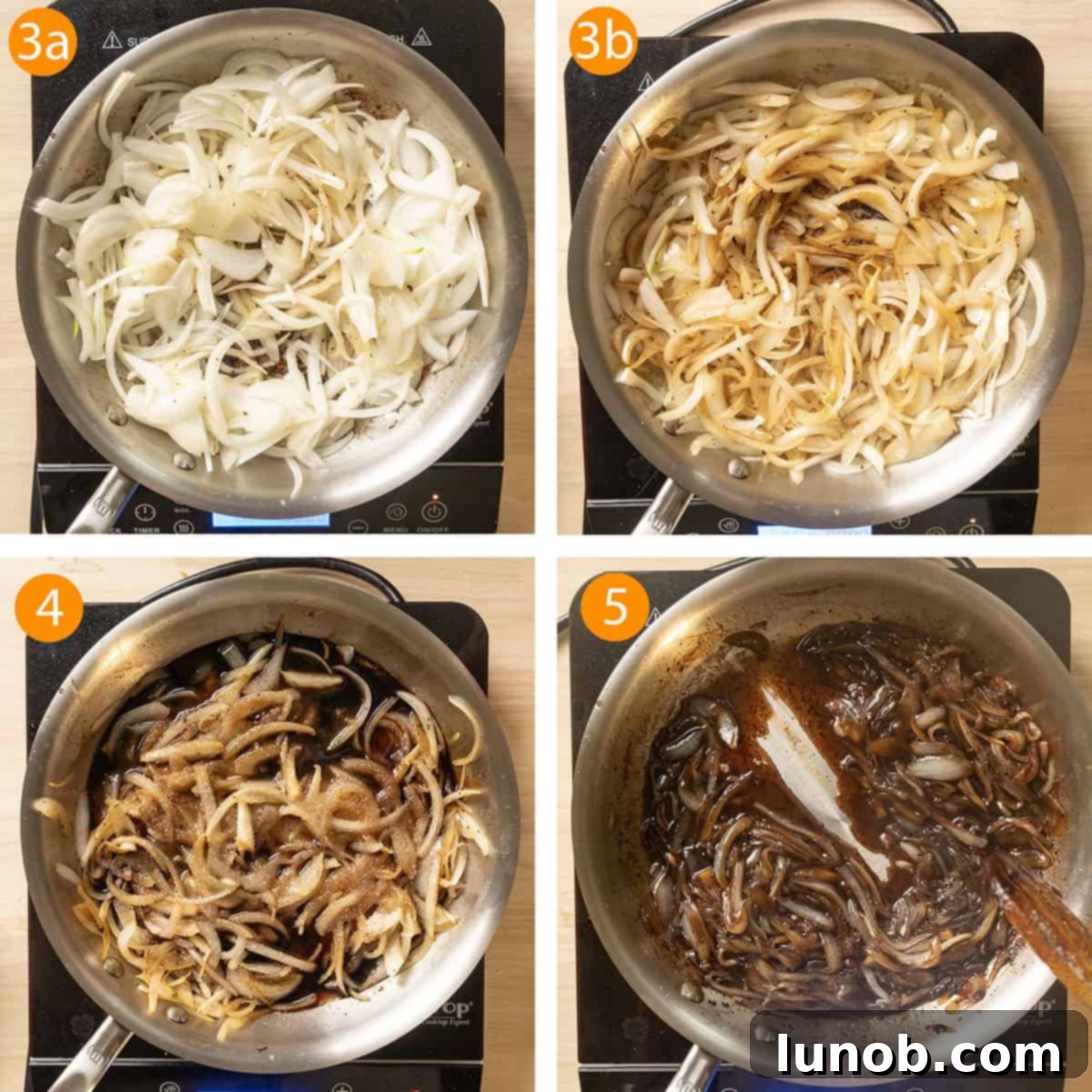 Bacon Blue Cheese Burger 6 Sliced onions simmering and caramelizing in a pan with balsamic vinegar, beginning to soften and turn golden brown.