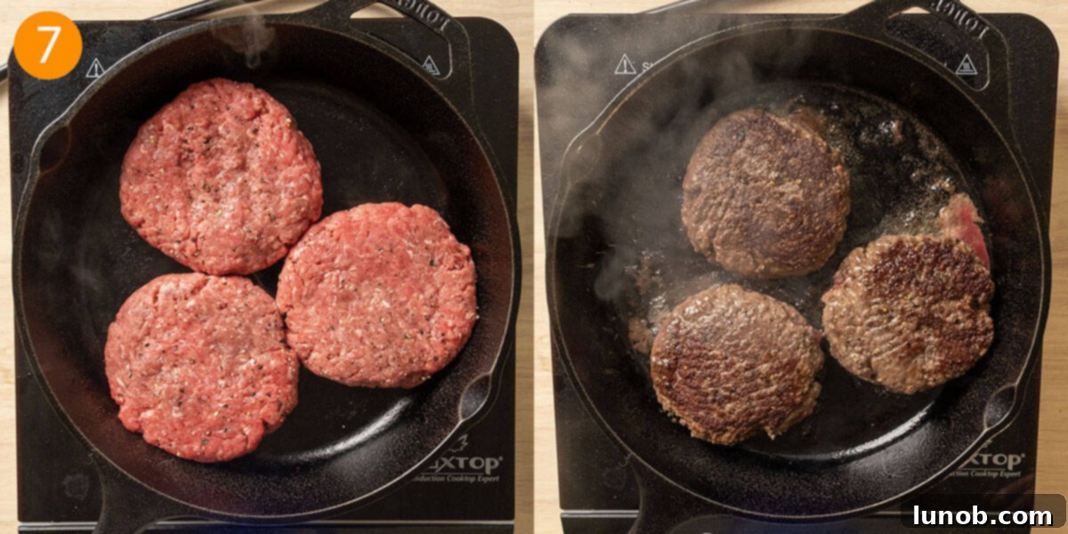 Bacon Blue Cheese Burger 8 Juicy burger patties sizzling on a cast iron pan, achieving a perfect sear.