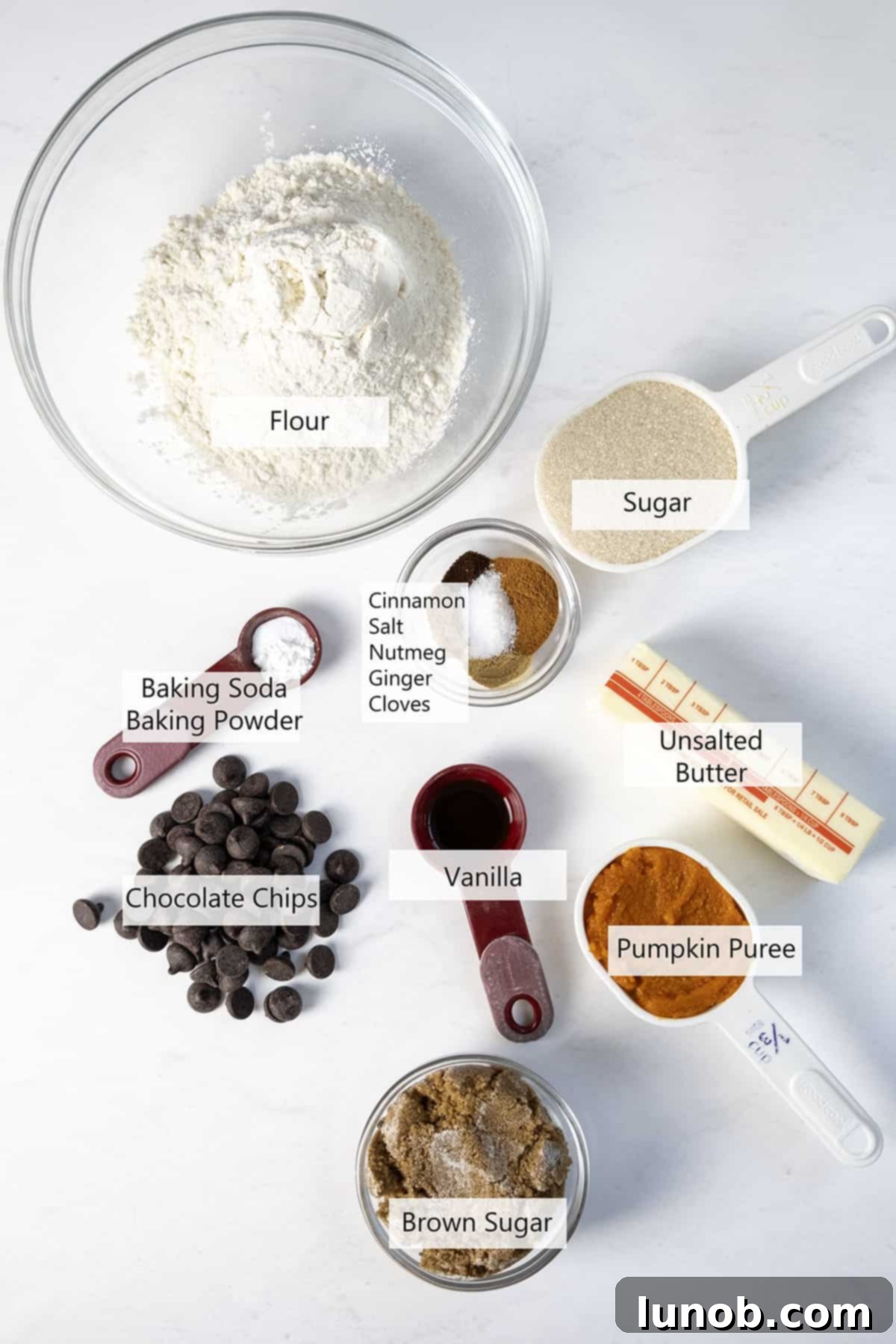 Irresistible Chewy Pumpkin Chocolate Chip Cookies 3 A close-up shot of essential ingredients for pumpkin chocolate chip cookies, including pumpkin puree, flour, sugars, and spices.