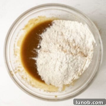 Irresistible Chewy Pumpkin Chocolate Chip Cookies 7 Dry flour mixture being gently folded into the wet ingredients in a large mixing bowl.