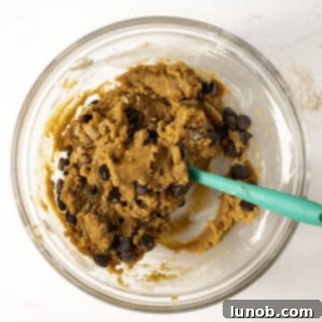 Irresistible Chewy Pumpkin Chocolate Chip Cookies 9 Chocolate chips being folded into the pumpkin cookie dough in a bowl.