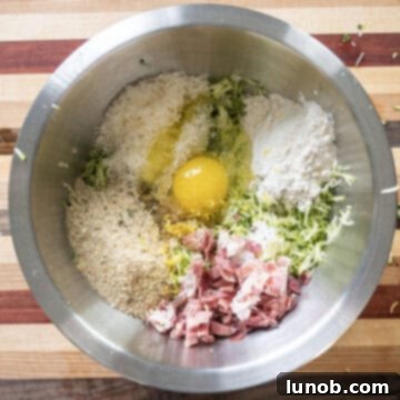 Crispy Air-Fried Zucchini Fritters 7 All dry and wet ingredients for the fritters gathered in a mixing bowl.