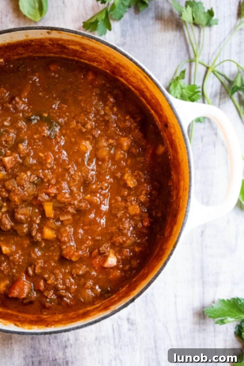 Slow-Cooked Bison Ragu 2 Bison Ragu in a Dutch Oven, garnished with fresh herbs and ready to be served over pasta.