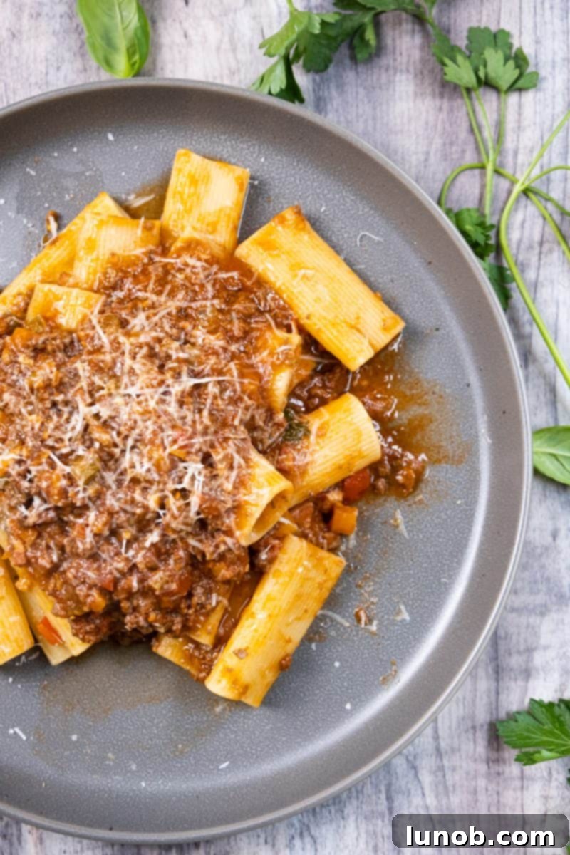 Slow-Cooked Bison Ragu 3 Close-up of a rich bison ragu, showcasing its vibrant color and tender texture, ready to be tossed with pasta.