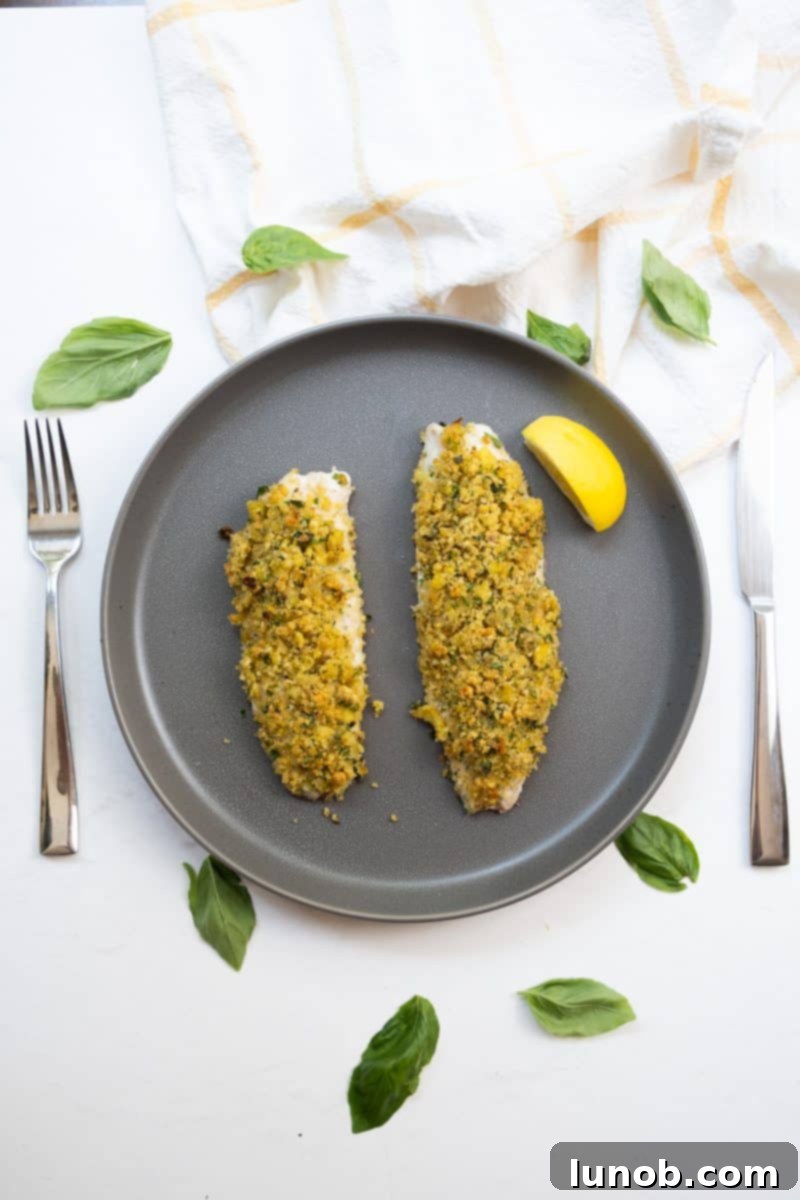 Perfectly baked lemon pistachio crusted snapper, ready to serve