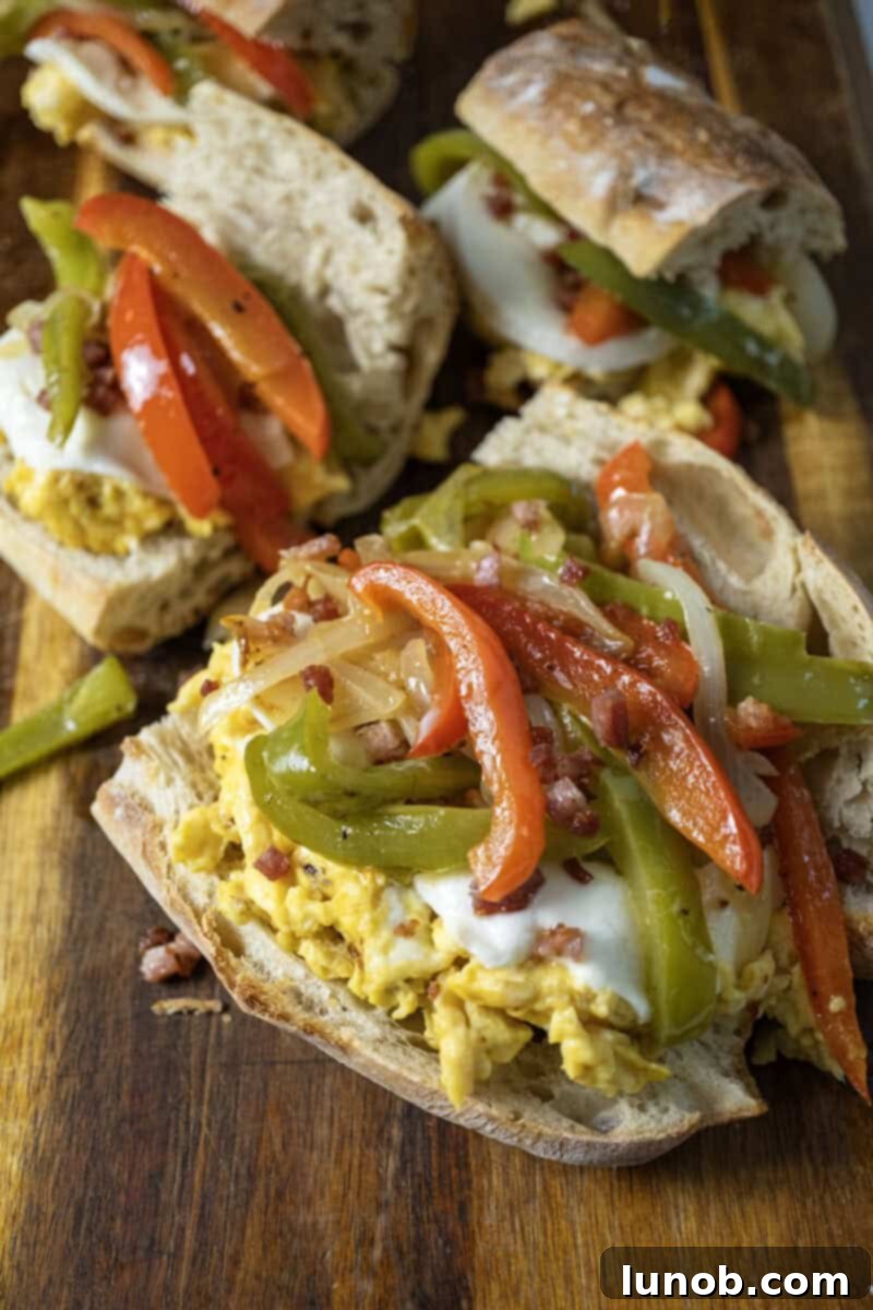 Classic Pepper & Egg Sub 2 Peppers and eggs sandwich with mozzarella and pancetta on Italian Bread.