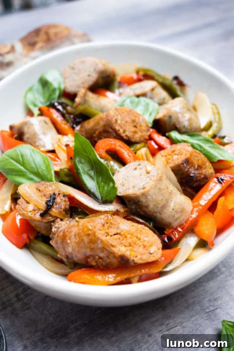 Rustic Italian Sausage Skillet 7 A close-up of finished Italian sausage and peppers, perfectly cooked