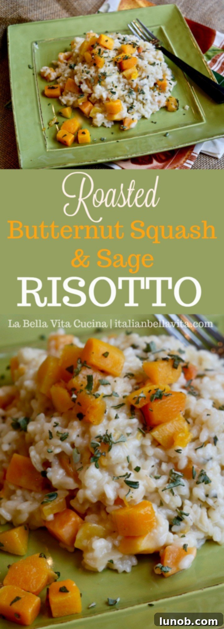 A close-up vertical shot of Roasted Butternut Squash and Sage Risotto in a white bowl, garnished with fresh sage leaves.
