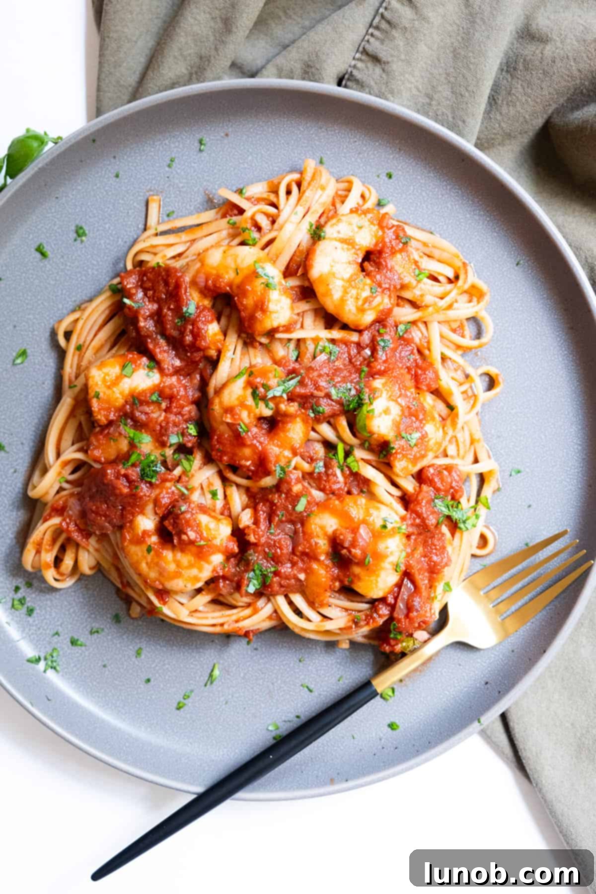 Fiery Fra Diavolo Shrimp Linguine 2 Shrimp fra diavolo sauce with linguine served on a white plate with fresh parsley garnish.