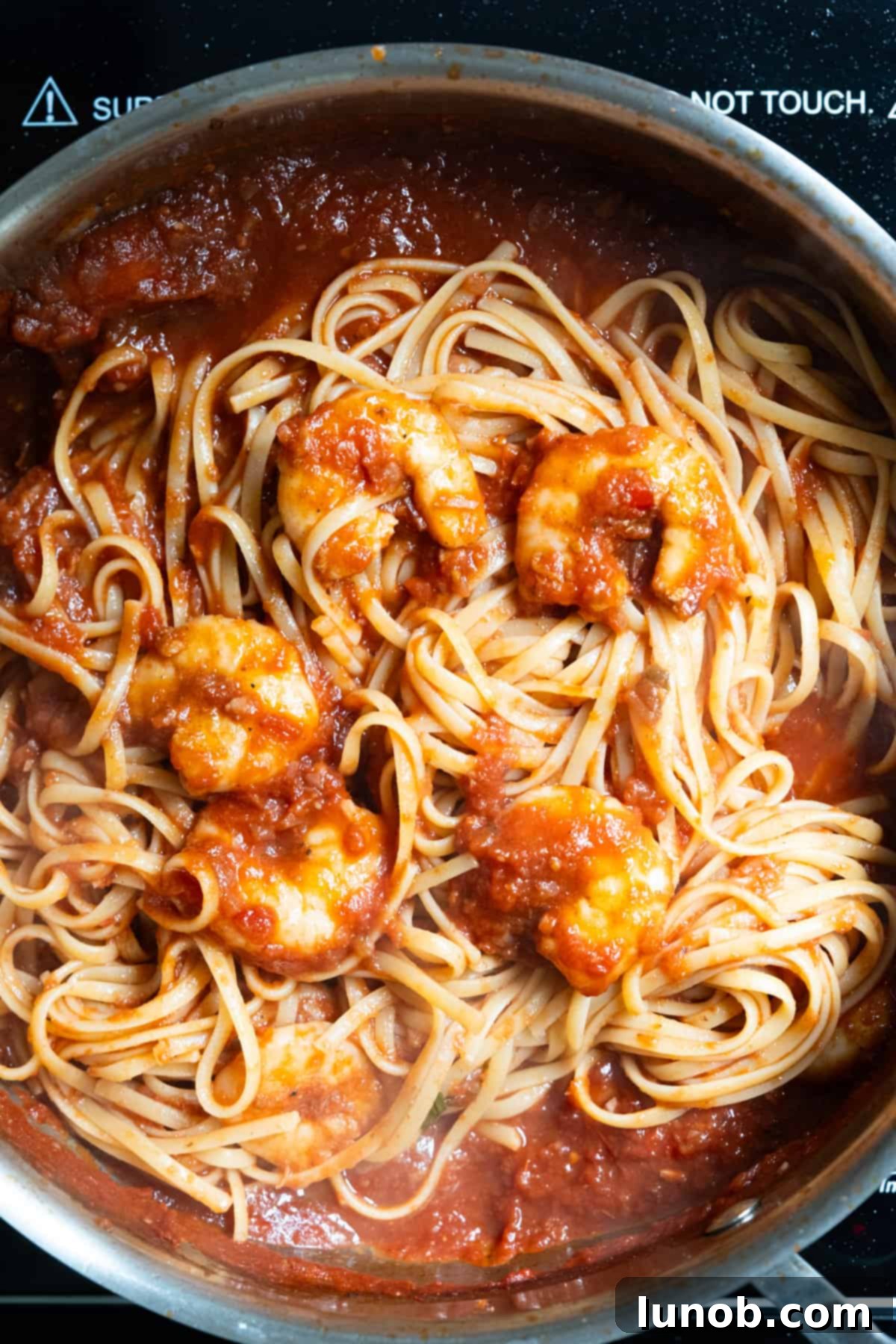 Fiery Fra Diavolo Shrimp Linguine 10 Linguine mixed with the spicy Fra Diavolo sauce and seared shrimp, garnished with fresh parsley.