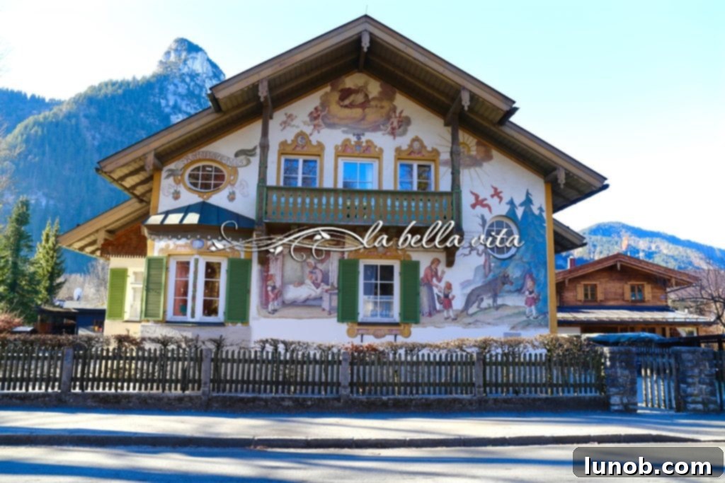 Oberammergau, Bavaria, Germany Home of the Passion Play. Detailed fresco of Little Red Riding Hood fairytale scene on a house.