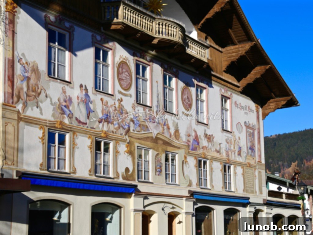 Oberammergau, Bavaria, Germany Home of The Passion Play. Beautiful painted mural from 1775 depicting everyday life scenes.