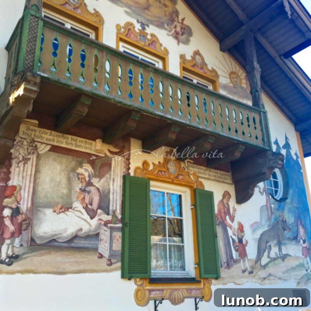 Oberammergau, Bavaria, Germany. Closer view of the 'Little Red Riding Hood' painted mural on a house.