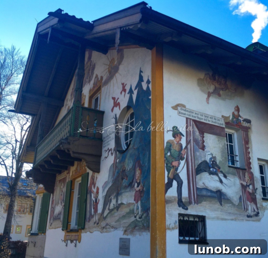 Oberammergau, Bavaria, Germany Home of the Passion Play. The 'Little Red Riding Hood' mural extends beautifully around the sides of the house.