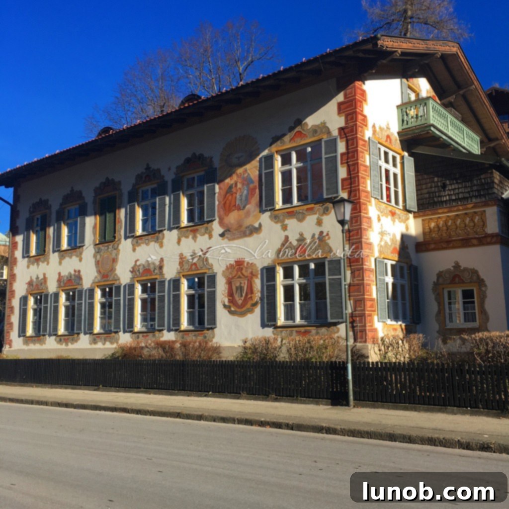 Oberammergau, Bavaria, Germany Home of the Passion Play. The fairytale of 'Hansel and Gretel' depicted in vibrant murals on a building.