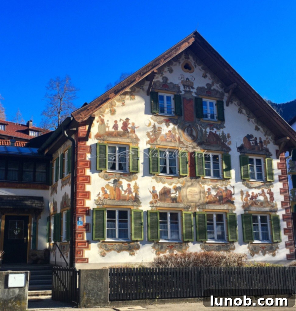 Oberammergau, Bavaria, Germany. A closer look at the vibrant murals depicting 'Hansel and Gretel'.