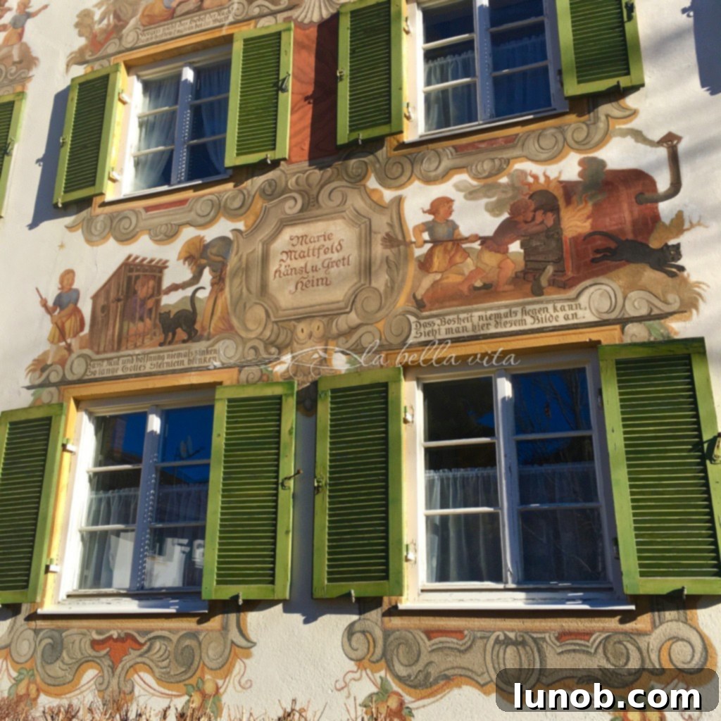 Oberammergau, Bavaria, Germany Home of the Passion Play. An even closer look at the Hansel and Gretel home's mural, revealing fine artistic details.