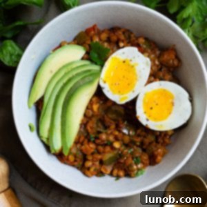 Wholesome Lentil Egg Breakfast 9 eggs and lentils for breakfast with sliced avocado