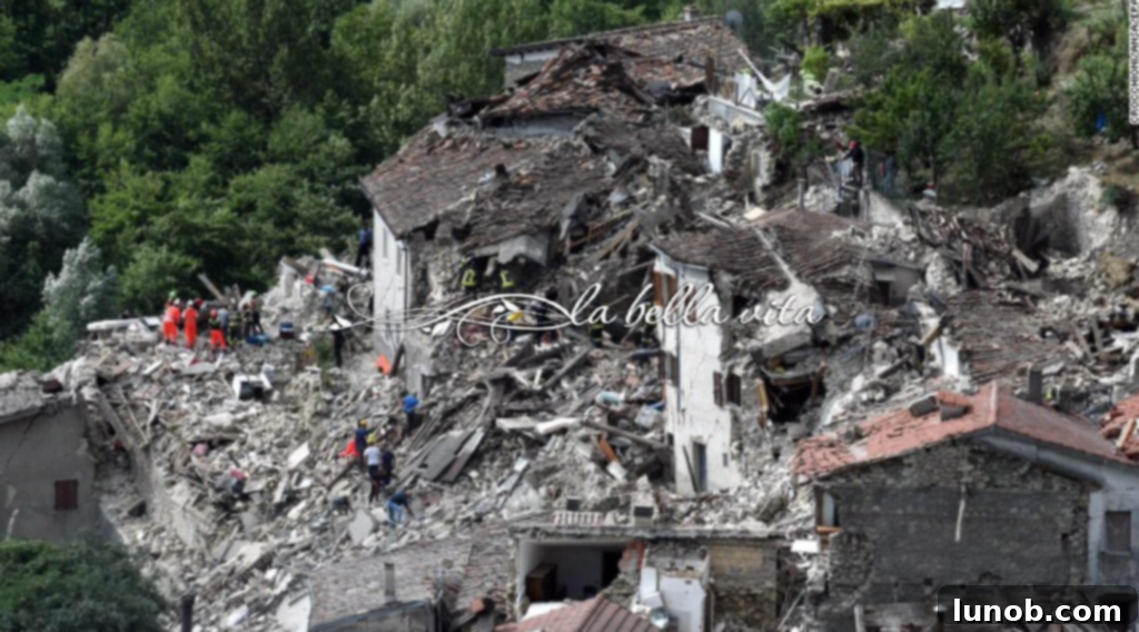 Amatrice Italy Earthquake Victims Need Your Help 2 Image depicting the widespread destruction in Amatrice after the 2016 Central Italy earthquake, showing collapsed buildings and rubbled streets.