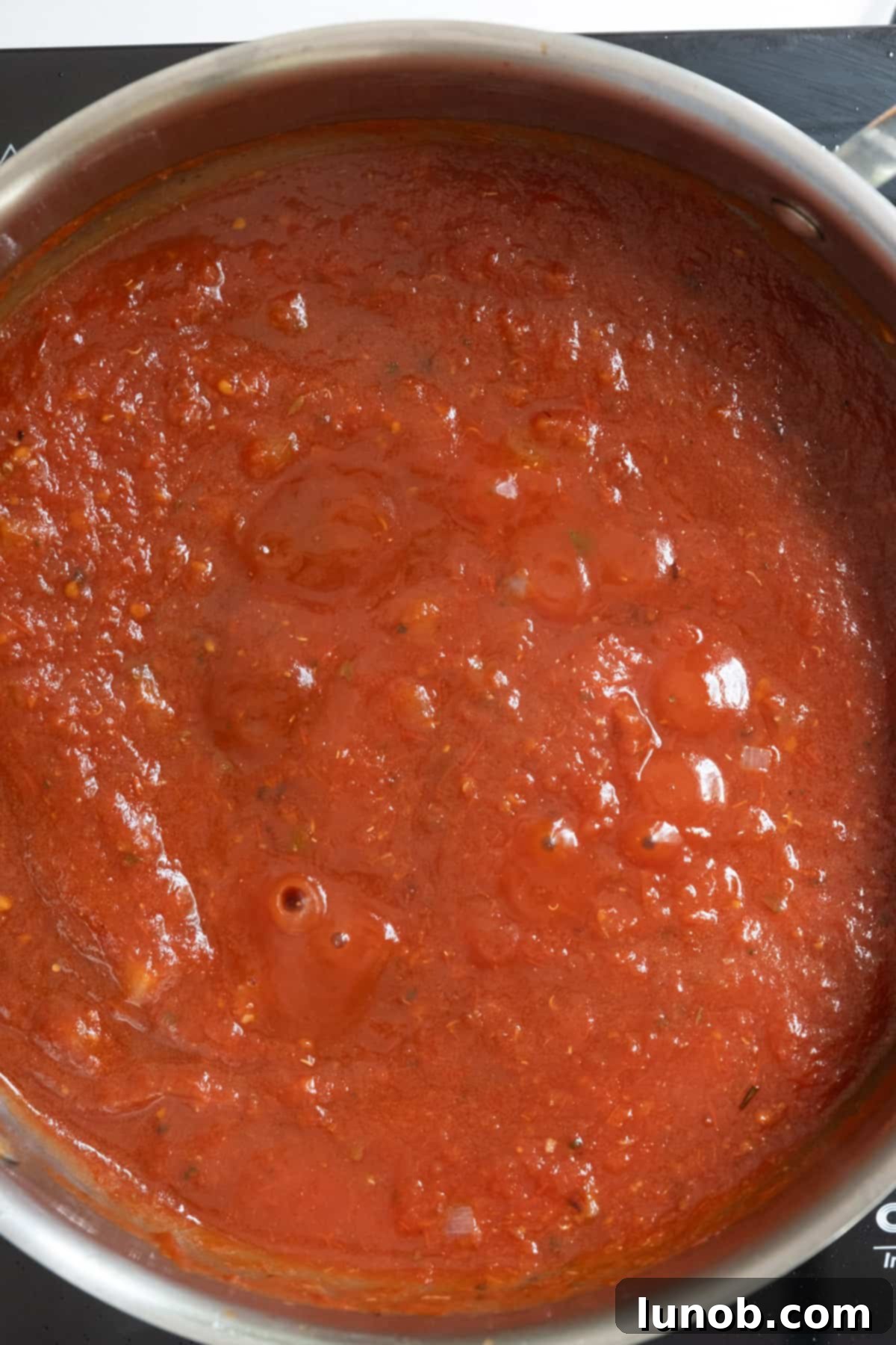 Tomato sauce beginning to simmer gently with herbs and aromatics.