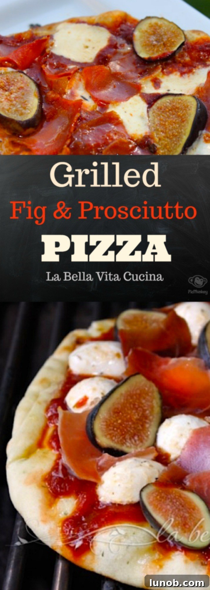 Grilled Pizza with Fig, Prosciutto and Marinated Mozzarella 2 Vertical image of gourmet Grilled Fig, Prosciutto and Marinated Mozzarella Pizza