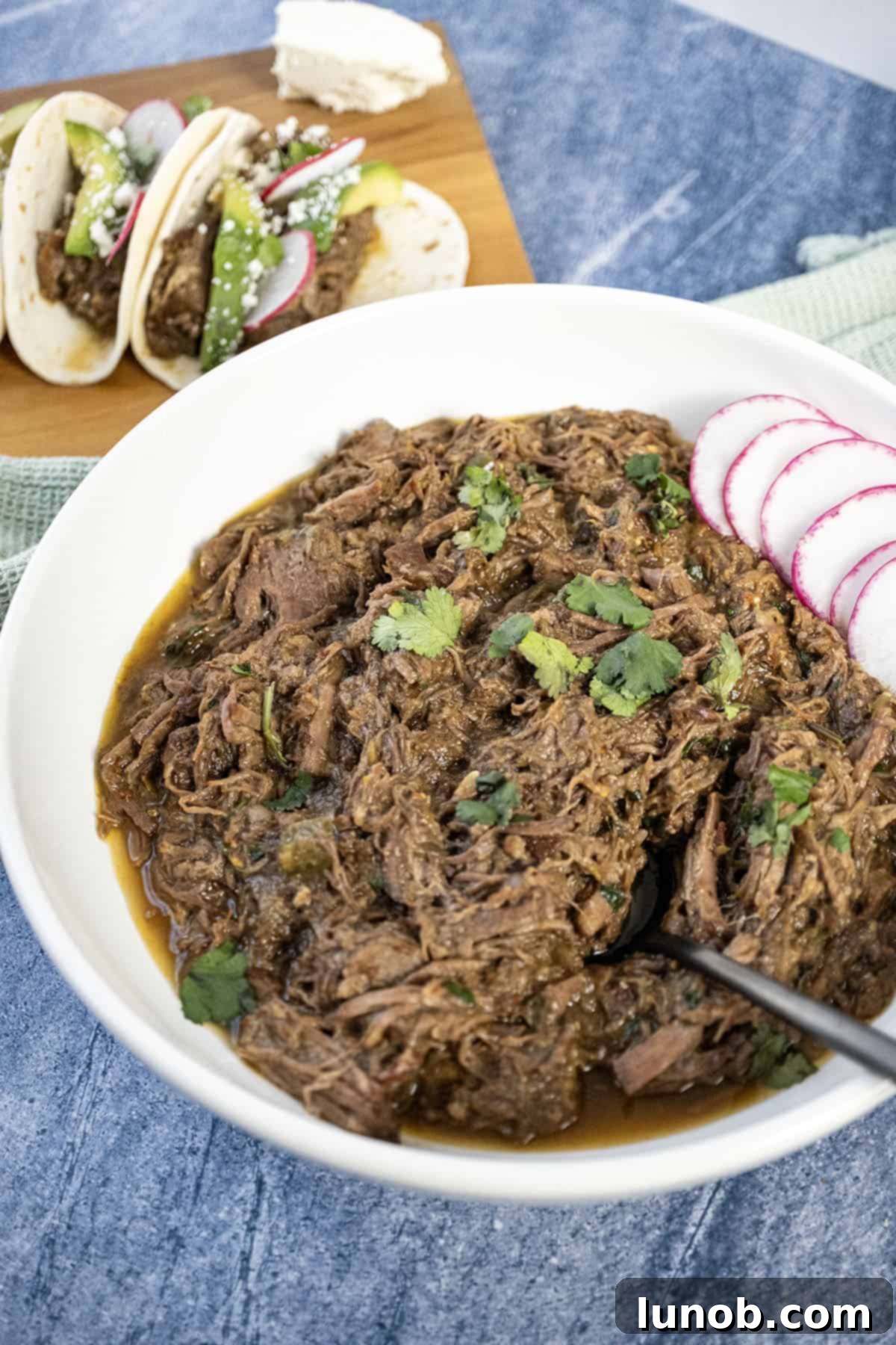 Barbacoa in a bowl topped with cilantro